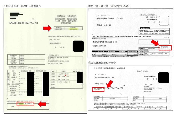 固定資産税・都市計画税、市県民税及び国民健康保険税 お問い合わせ番号等 納税通知書記載例