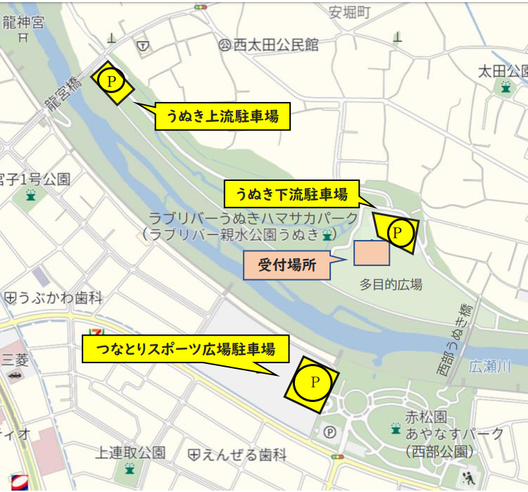 はつらつウオークラリー駐車場図(駐車可能場所は黄色です)