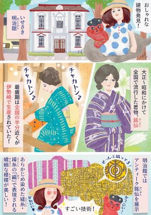 いせさき明治館で伊勢崎銘絣を見て感動する女の子のイラスト