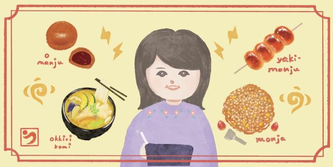 うくいさんが伊勢崎の粉もの料理を想像してイラストを描いている様子