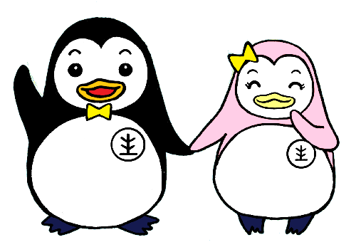くろとぴんくのぺんぎんがてをつないでいるイラスト
