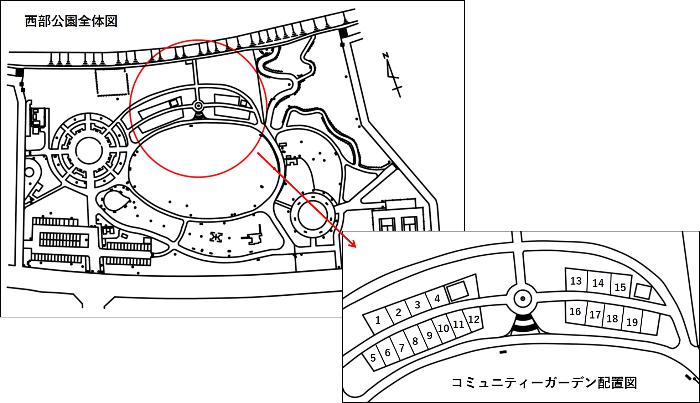 コミュニティガーデン配置図 西部公園の北側エリアに花壇が19区画あります
