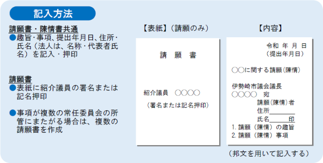 趣旨・事項、提出年月日、住所・氏名を記入、押印のうえ提出してください。また、請願書は表紙に紹介議員の署名または記名押印をし、事項が複数の常任委員会にまたがる場合は、複数の請願書を作成してください。