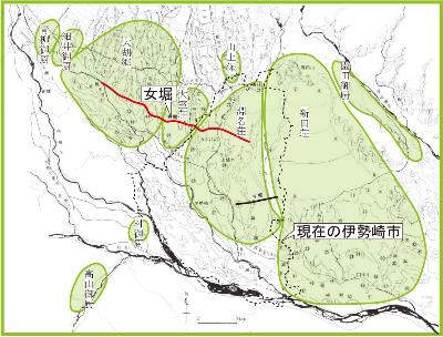 中世初期の荘園と現在の伊勢崎市の図
