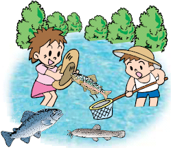 きれいな河川で魚をとっている子どものイラスト