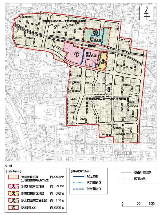 計画図。伊勢崎駅周辺地区の地区計画区域について、地図上に色分けして図示しています。詳しくは都市開発課に問い合わせてください。