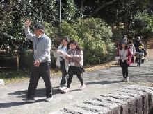 先生とともに、公園内の自然に触れながら歩いている子供の写真