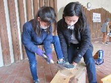 家族で協力しながら、鳥の巣箱の板をのこぎりで切っている子供の写真