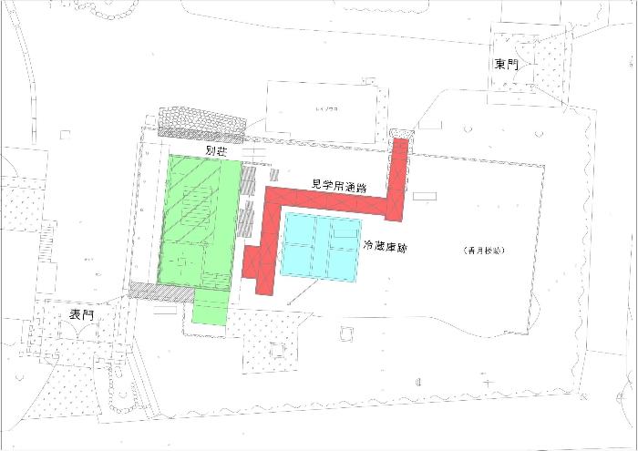 別荘と冷蔵庫跡の位置、その間にある見学用通路の位置が分かる図